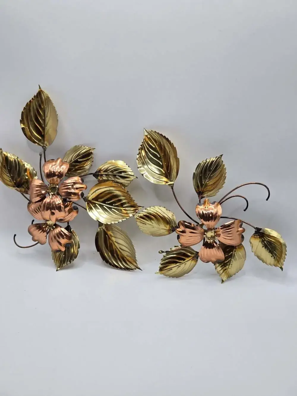 Vintage Mid-Century Modern Mixed Metal Brass and Copper Floral Wall Art Set